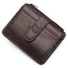 A dark brown genuine leather RFID blocking card holder with a stitched flap.