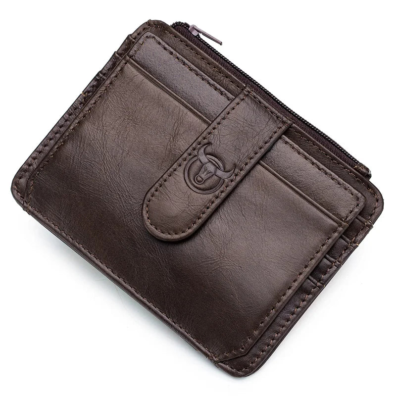 A dark brown genuine leather RFID blocking card holder with a stitched flap.