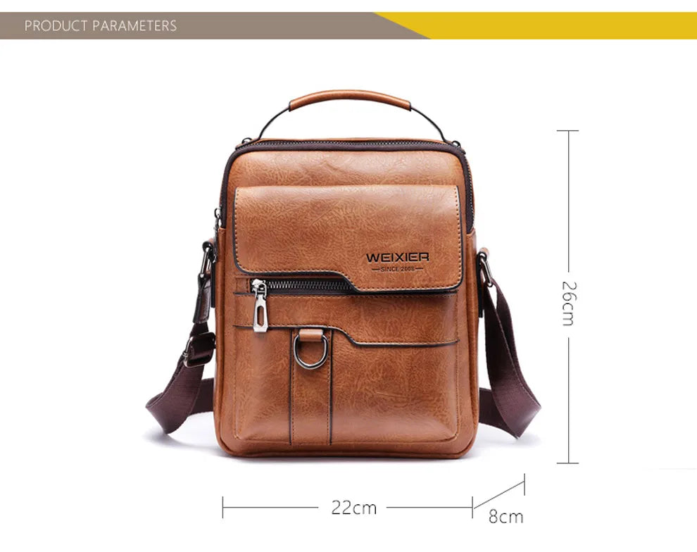 A brown vintage PU leather crossbody messenger bag with a leather strap and brass hardware.