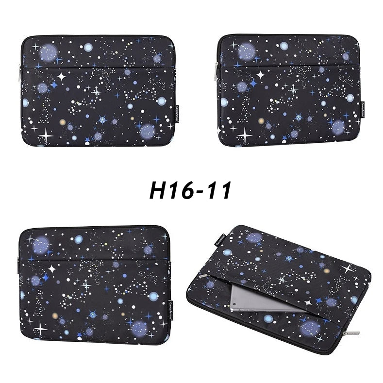 Black laptop sleeve featuring a starry night pattern, shown in multiple views.