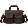 A dark brown genuine cowhide leather briefcase with padded compartments and leather straps.