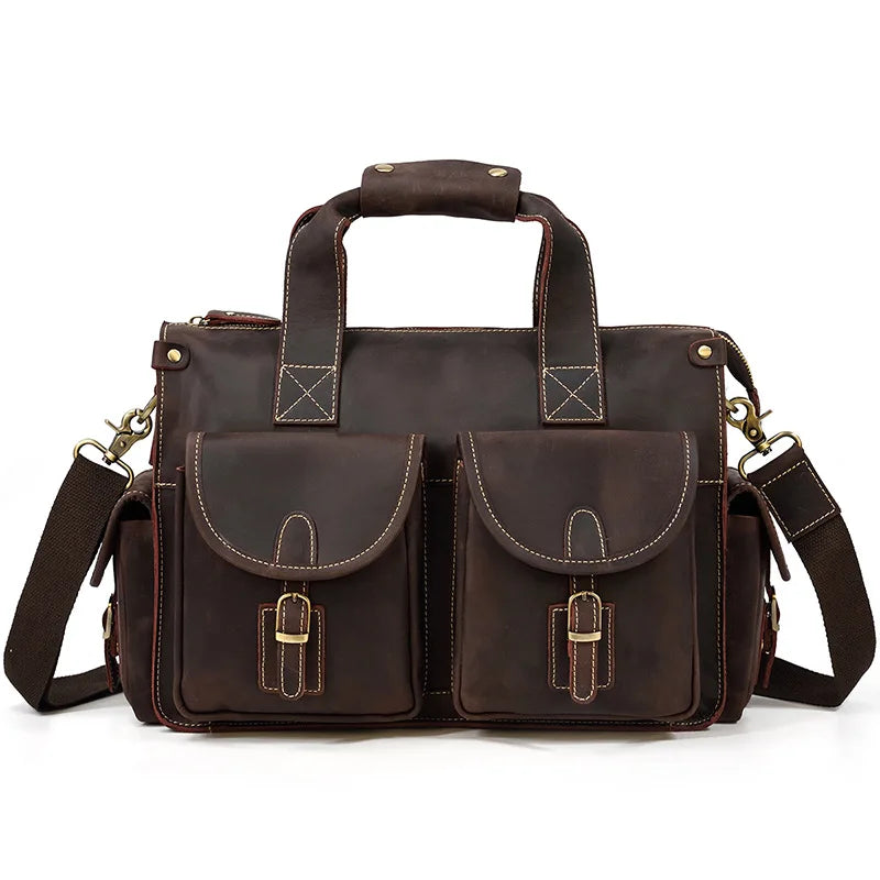A dark brown genuine cowhide leather briefcase with padded compartments and leather straps.