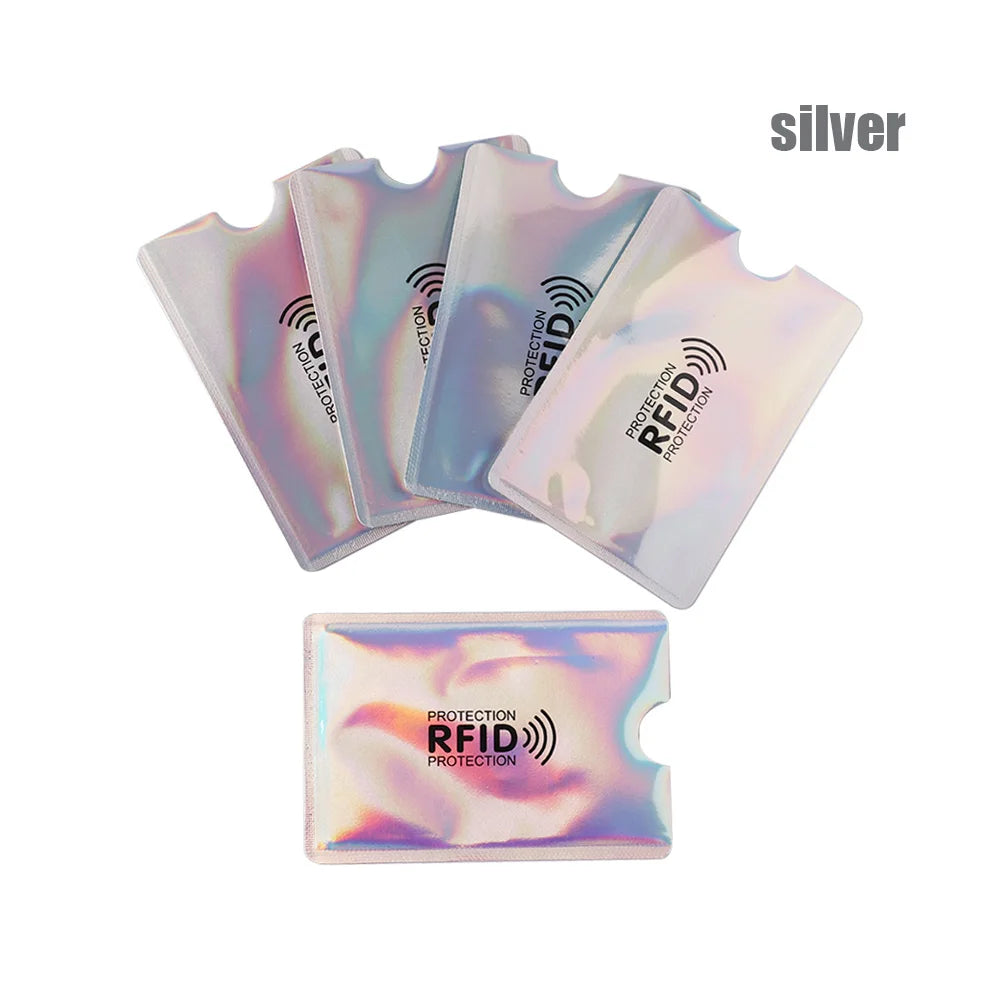 Silver RFID blocking card sleeves displayed in various shades and angles.
