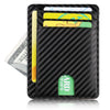 A black slim leather wallet with multiple cards visible inside.