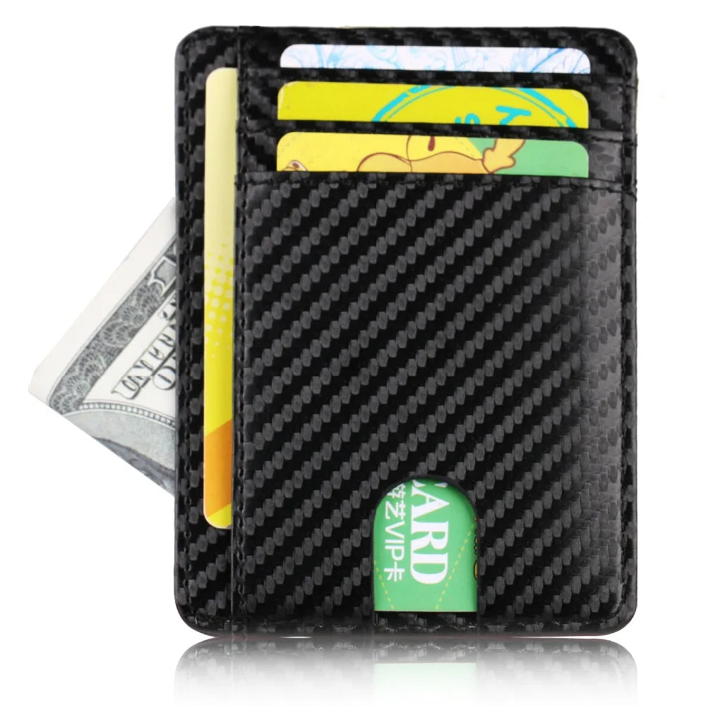 A black slim leather wallet with multiple cards visible inside.