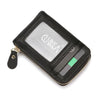 Black genuine leather multi-slot wallet with a clear window displaying a card.