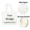 Tote de lienzo blanco con asas y cremallera, mostrando opciones para diseño personalizado y un bolsillo interior.