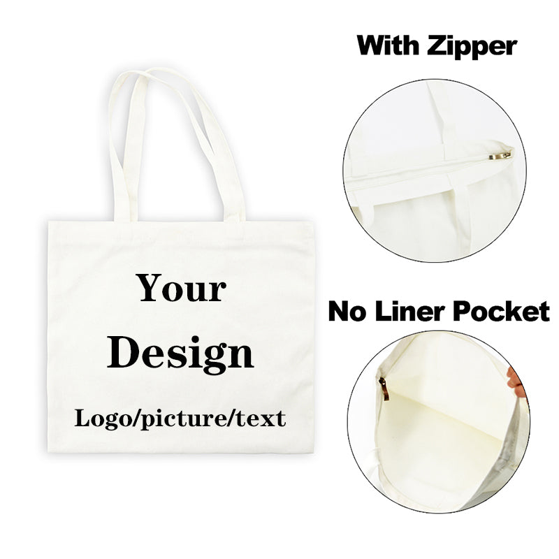 Tote de lienzo blanco con asas y cremallera, mostrando opciones para diseño personalizado y un bolsillo interior.