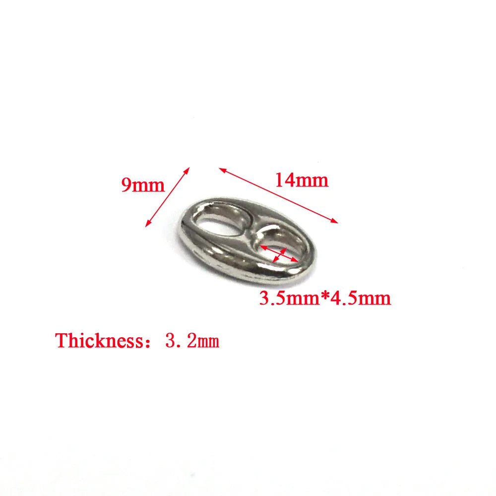 Silver swivel keychain hooks with a clasp, measuring 9mm and 14mm in length and 3.5mm by 4.5mm in cross-section.
