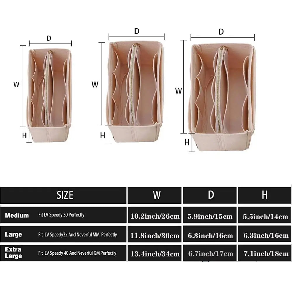 A set of portable felt cosmetic organizer pouches in various sizes and colors shown from different angles.