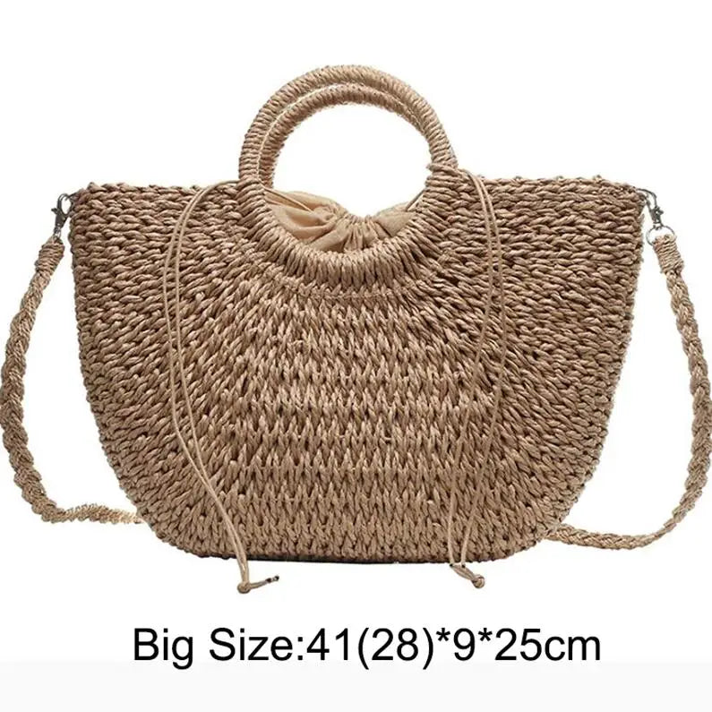 Handwoven straw moon bag in beige with a top handle