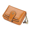 A brown PU leather compact wallet featuring a zipper closure and a gold-toned chain.