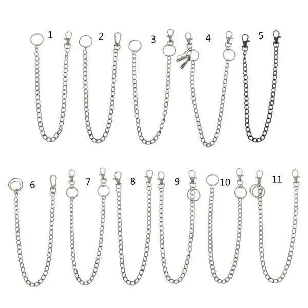 Eleven styles of adjustable metal chains for belts and keys shown in a row.