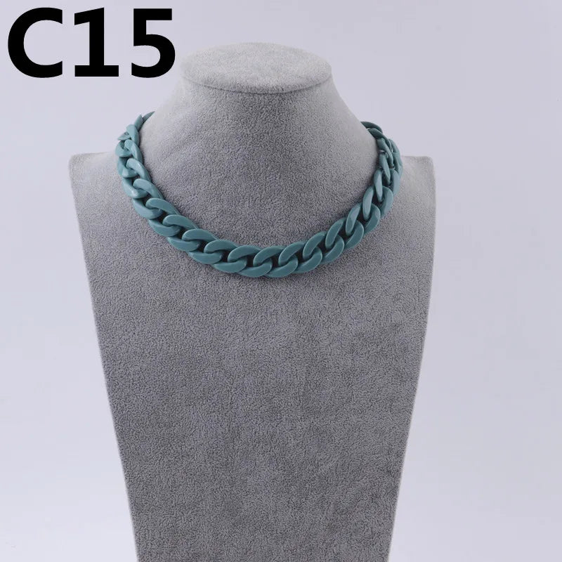 A turquoise acrylic link chain necklace displayed on a mannequin neck.