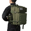 A person is wearing a olive green tactical backpack with a MOLLE system and a flag patch on the front.