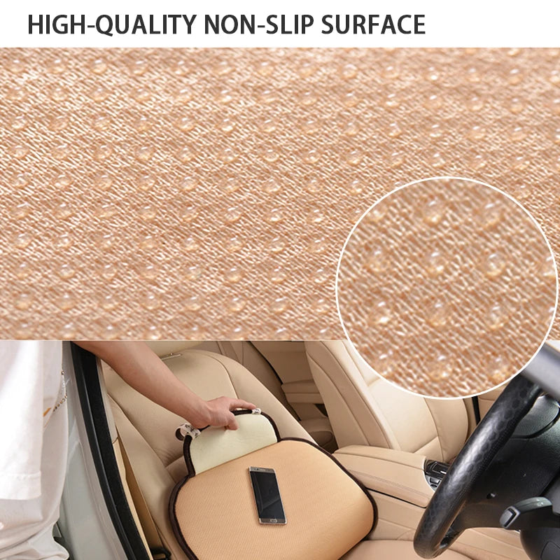 Close-up of a tan non-slip surface texture on a plush car seat cover.
