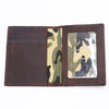 A brown genuine leather bi-fold card holder featuring a dark leather sleeve and a camouflage patterned insert.