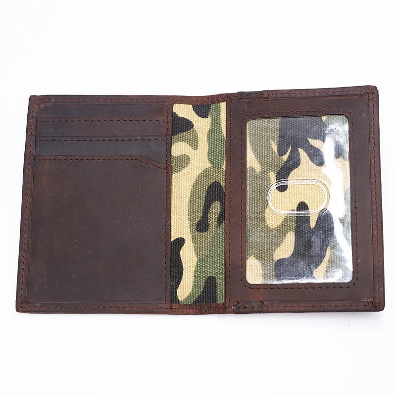 A brown genuine leather bi-fold card holder featuring a dark leather sleeve and a camouflage patterned insert.
