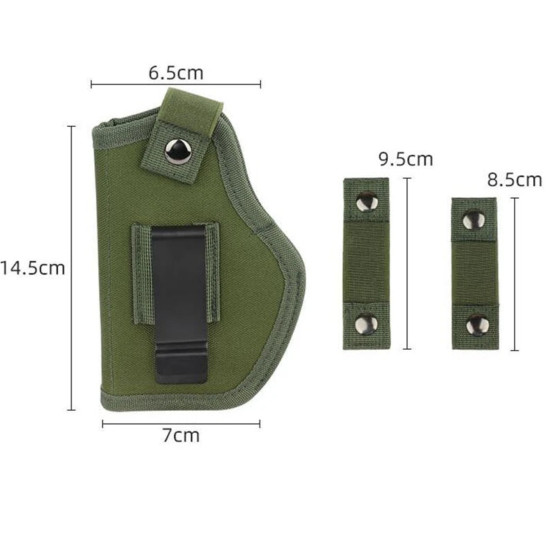 Olive green concealment holster for a firearm with a metal belt clip