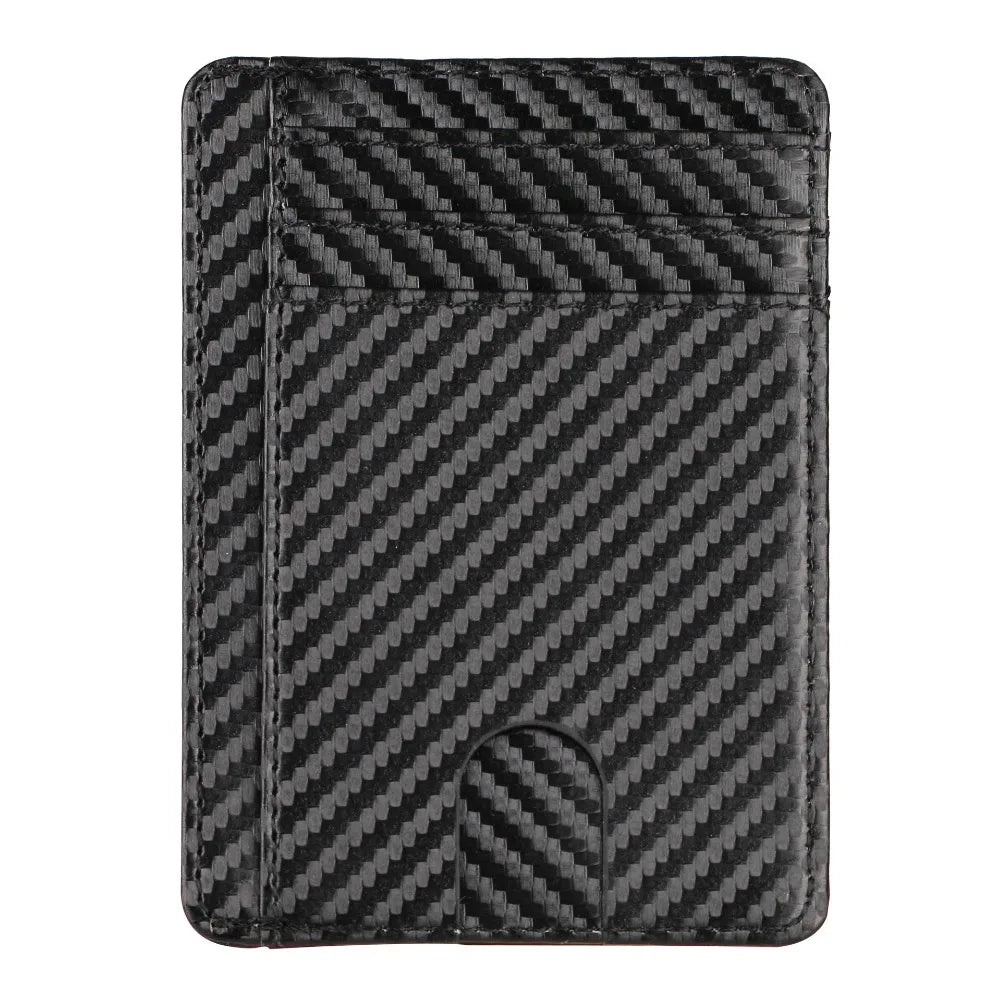 Black slim leather wallet with a textured pattern shown from the front.