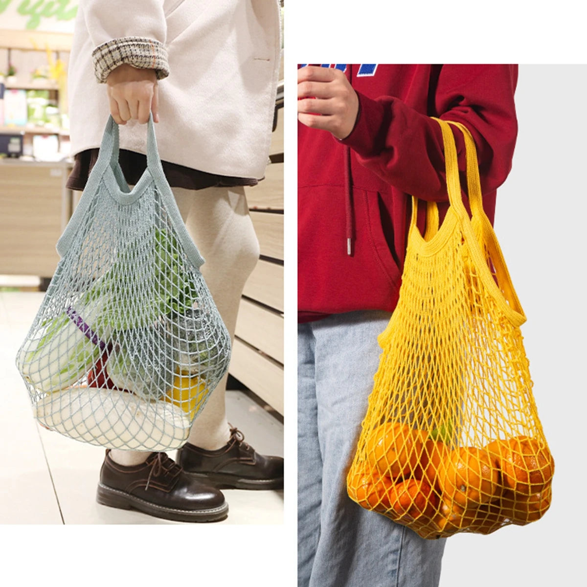 A bright yellow mesh grocery tote bag filled with oranges, held by a person.