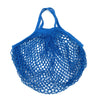 A bright blue reusable organic cotton mesh grocery tote bag with a drawstring closure.