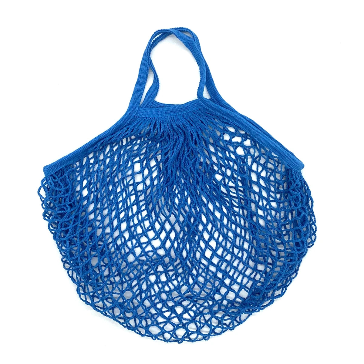 A bright blue reusable organic cotton mesh grocery tote bag with a drawstring closure.
