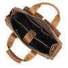 A brown genuine cowhide leather briefcase with tan leather straps and a zippered interior.