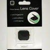 A black lens cover for an iPhone camera, showing features like anti-fingerprint and anti-spying protection.