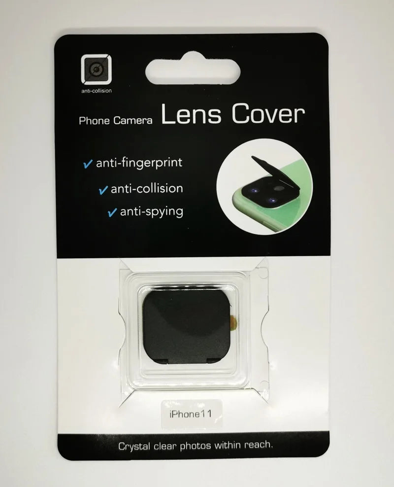 A black lens cover for an iPhone camera, showing features like anti-fingerprint and anti-spying protection.