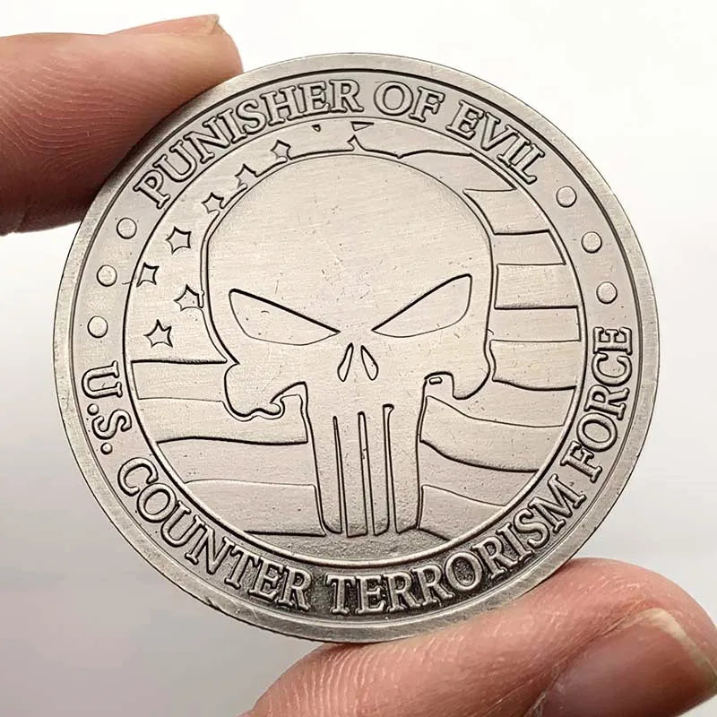 Antique silver plated commemorative coin featuring a skull design and text related to the Punisher of Evil and Counter Terror