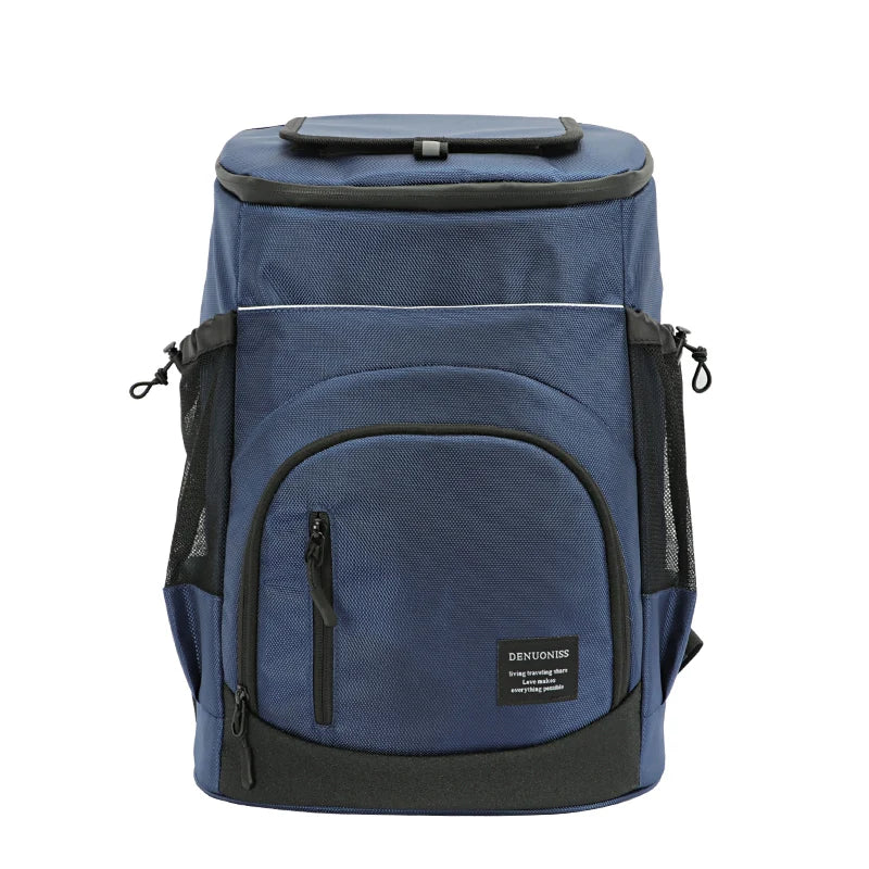 A navy blue insulated thermal cooler backpack with black accents.