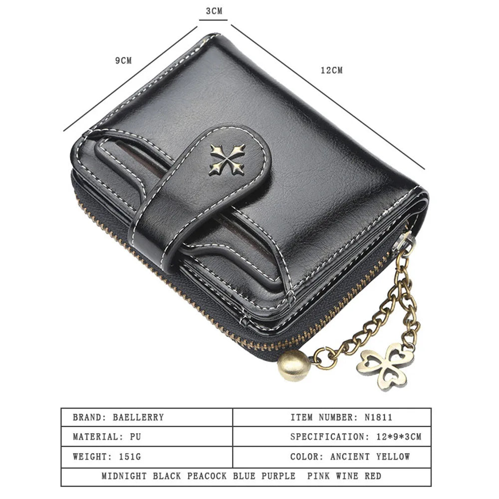 A black PU leather compact wallet with a zipper and gold chain, shown from above.