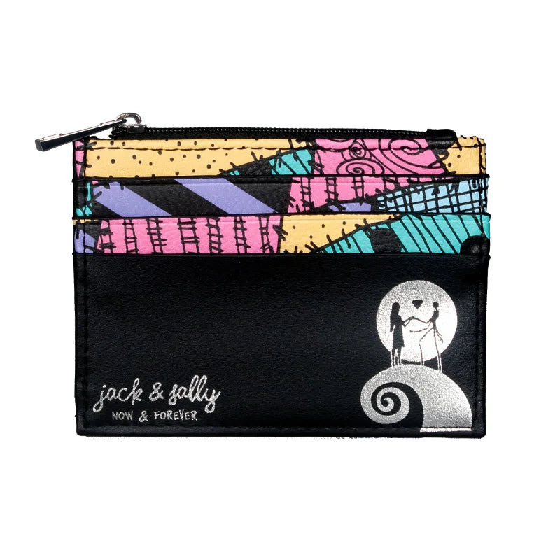 A black compact PU leather wallet with a zipper closure and various colorful patterned card holders.