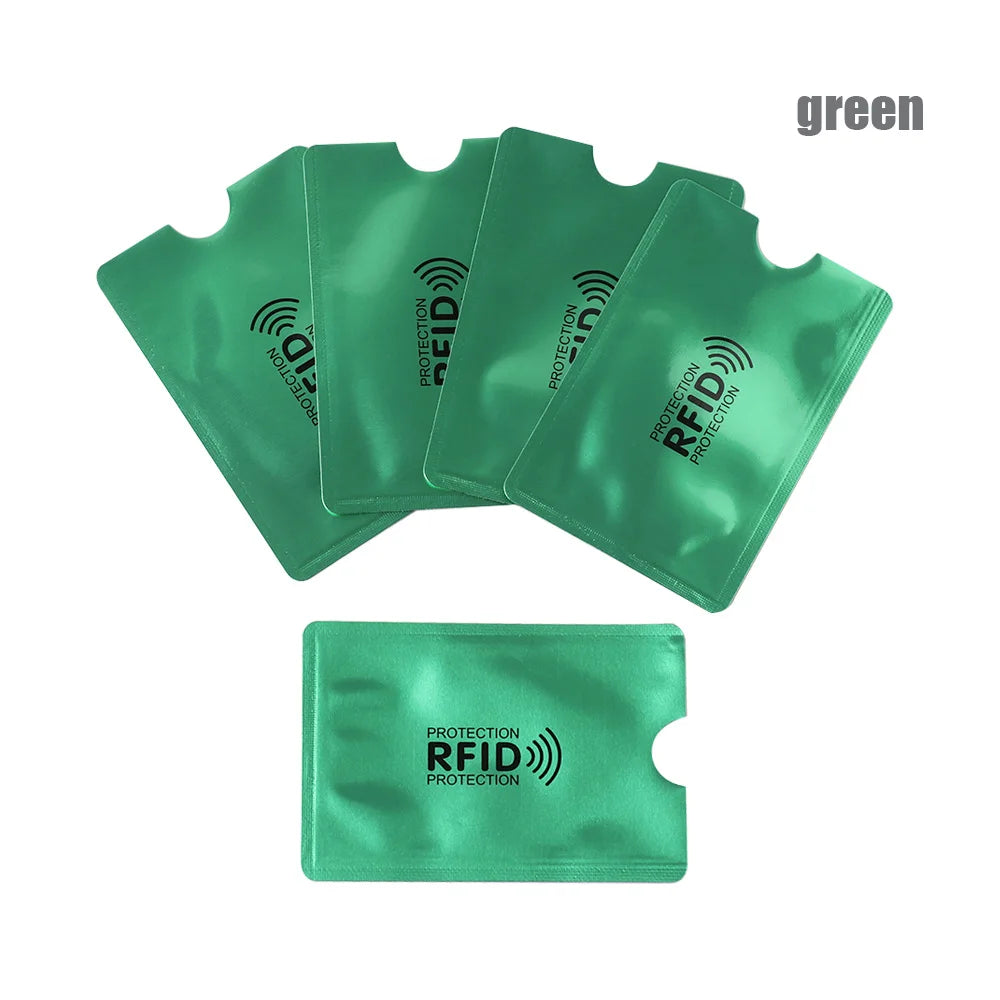 Green RFID blocking card sleeves displayed in various folds and a flat version.