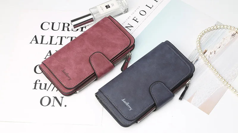 A pair of elegant PU leather card holder wallets in dusty rose and dark gray colors displayed on a white background.