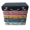 A stack of five premium aluminum credit card and ID holder cases in various colors including black, pink, gold, blue, and sil