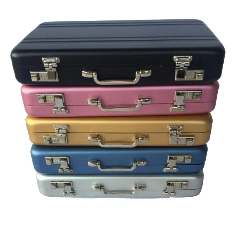 A stack of five premium aluminum credit card and ID holder cases in various colors including black, pink, gold, blue, and sil