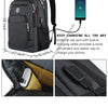 A black business travel laptop backpack with an external USB port for charging a phone.