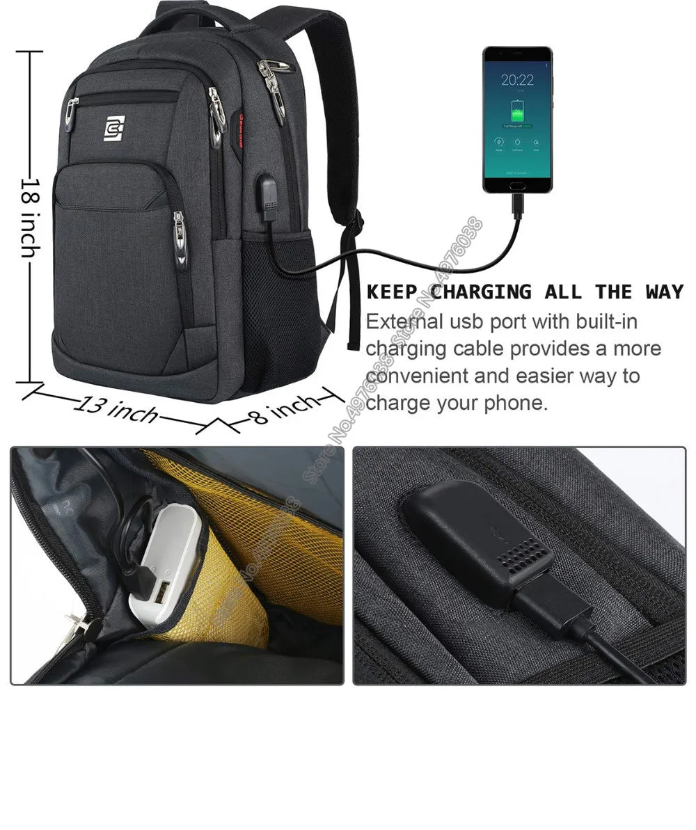 A black business travel laptop backpack with an external USB port for charging a phone.