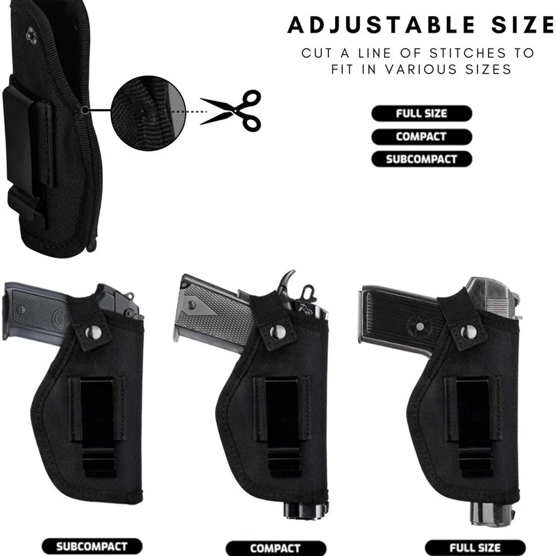 Adjustable black leather holster for Glock and S&W M&P pistols in full, compact, and subcompact sizes
