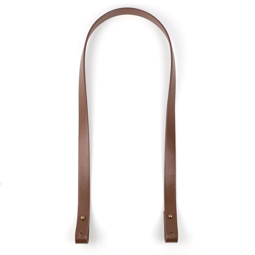 A brown PU leather crossbody strap is shown hanging vertically against a white background.