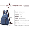 A dark blue sling bag or backpack with brown accents shown from the side.
