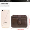 A brown genuine leather card holder is shown next to an iPhone 5.5 inches in size.