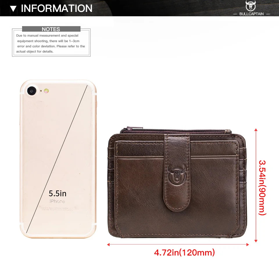 A brown genuine leather card holder is shown next to an iPhone 5.5 inches in size.
