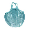 A light blue reusable organic cotton mesh grocery tote bag with handles.