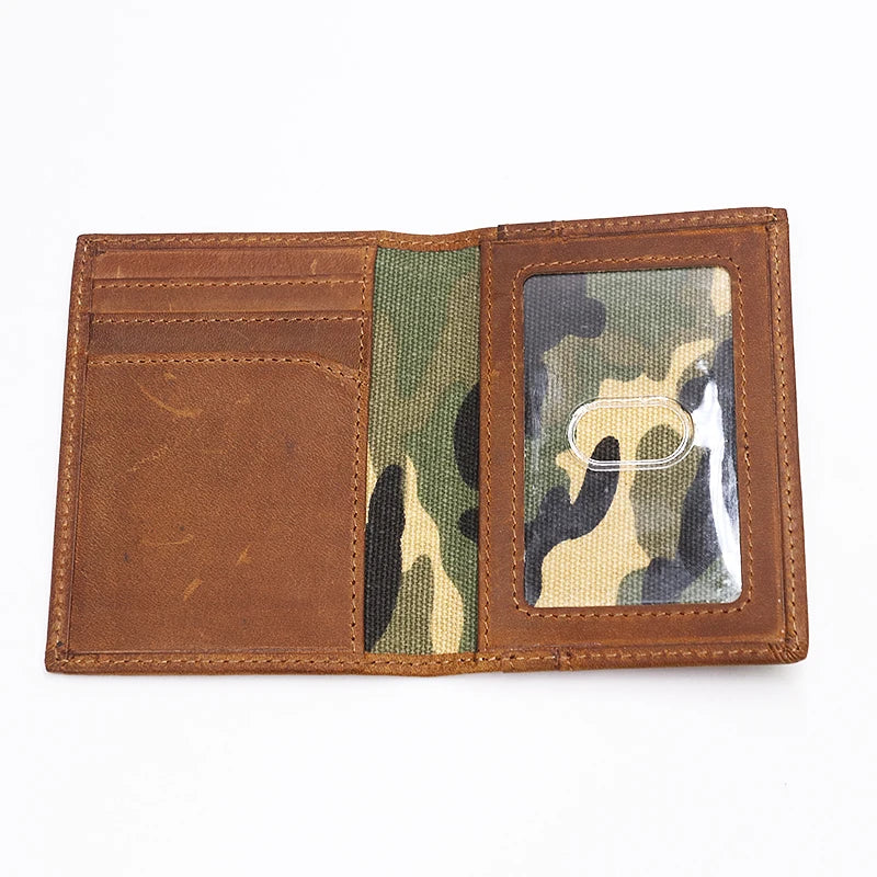 A brown genuine leather bi-fold card holder featuring a camouflage insert.
