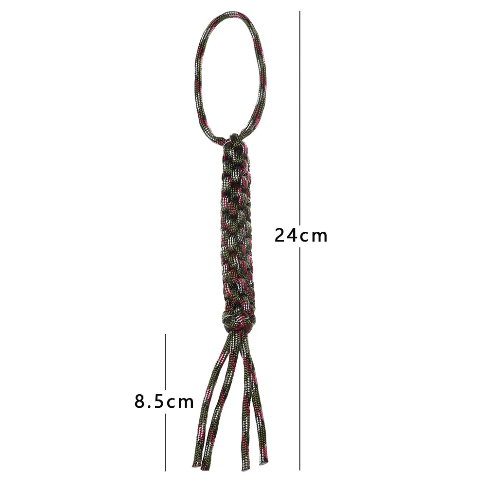 A close-up of a 7-strand paracord keychain with a loop and dangling strands.