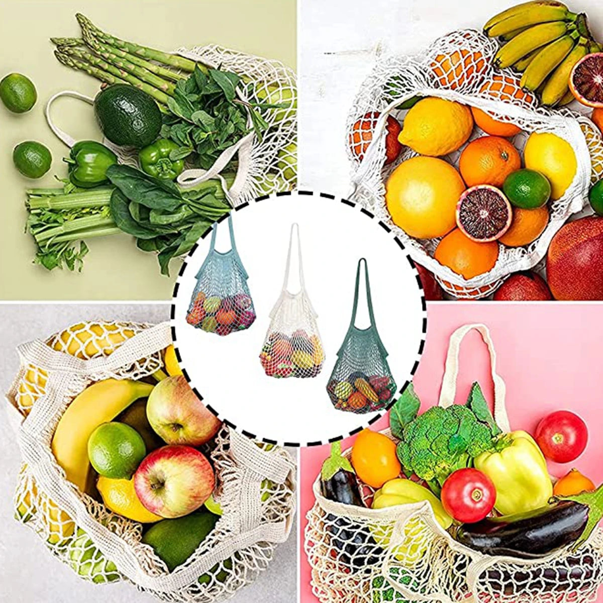 A collection of fresh fruits and vegetables like bananas, citrus, avocados, and leafy greens displayed in a woven mesh grocer
