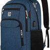 A dark blue business travel laptop backpack with black accents and straps.